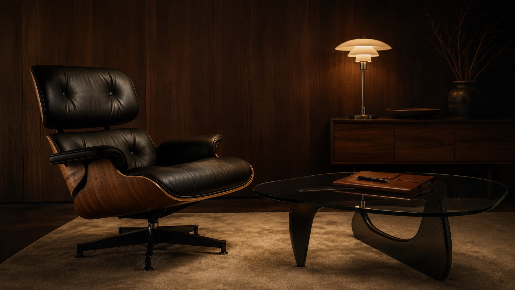 Mid-century walnoten interieur met een Eames-stoel, een Noguchi-glastafel, een Montblanc-pen en een leren map