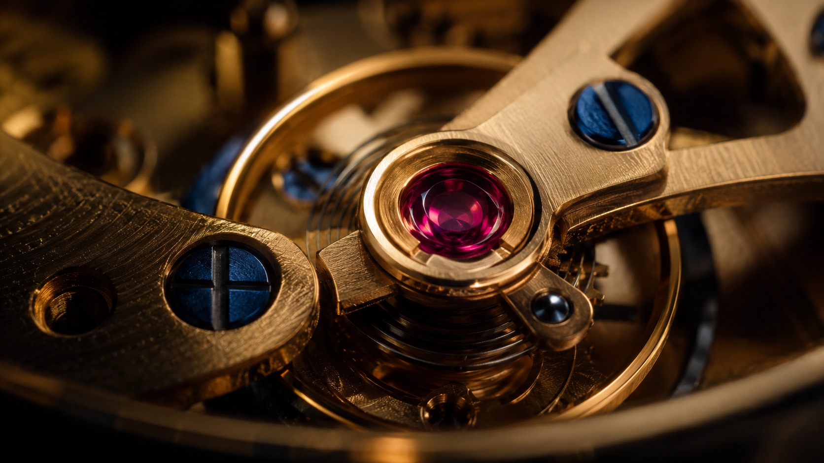 A ruby jewel set and held in gold within a fine watch movement