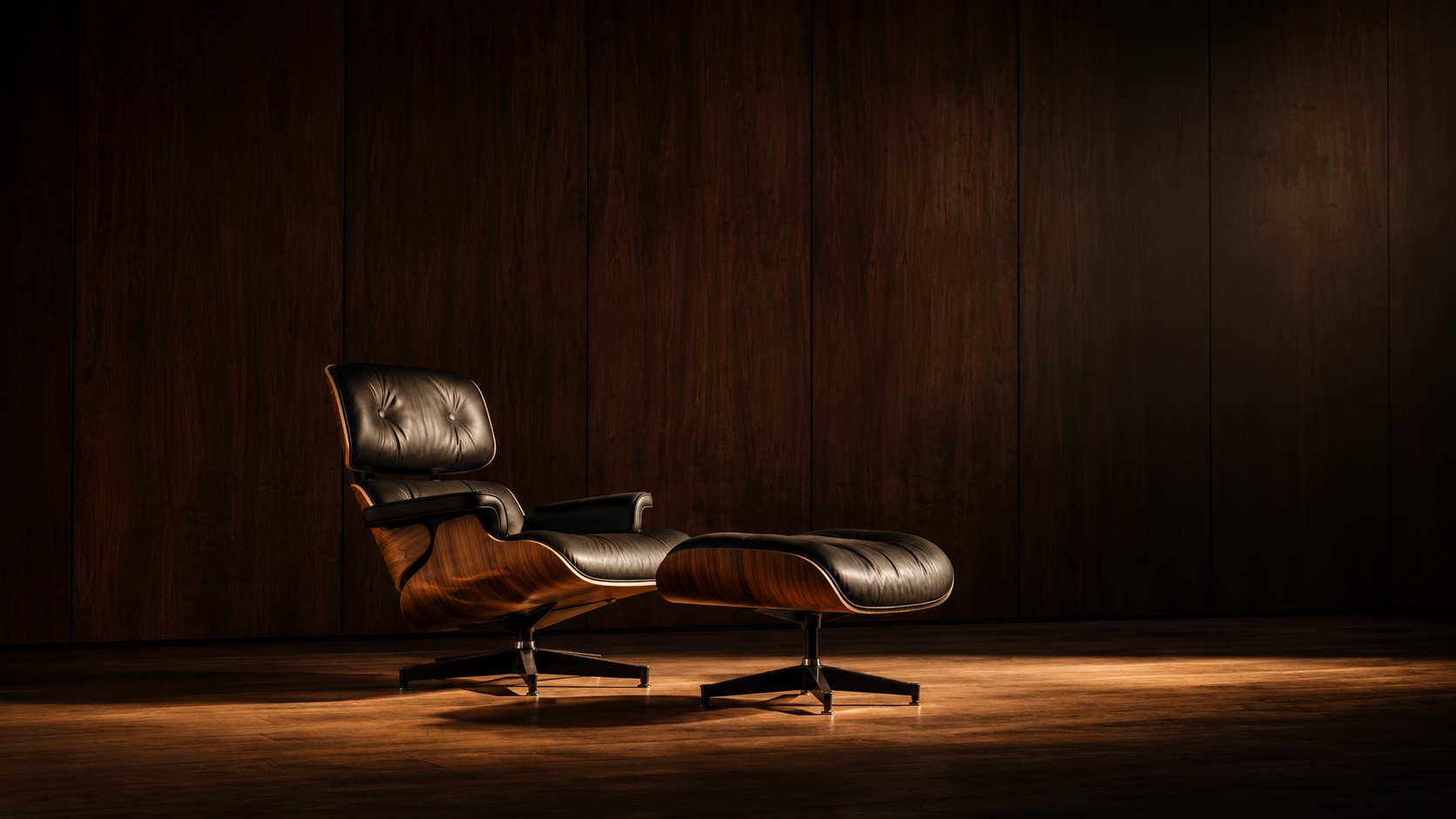 Eames Lounge Chair in walnut and black leather in a quiet mid-century room