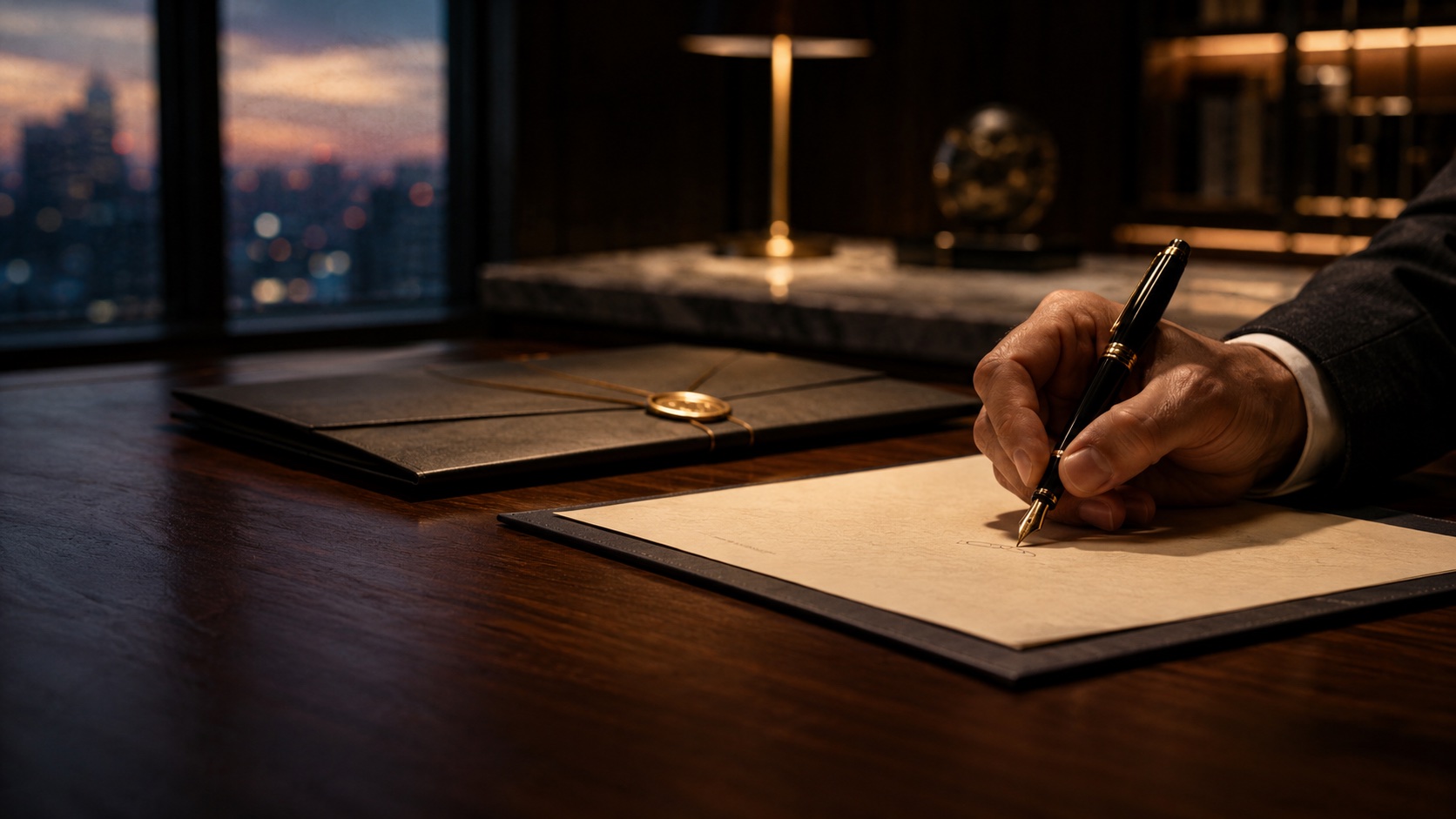 A hand completing a confident signature with a fountain pen beside a wax-sealed folder, a decisive, trusted call.