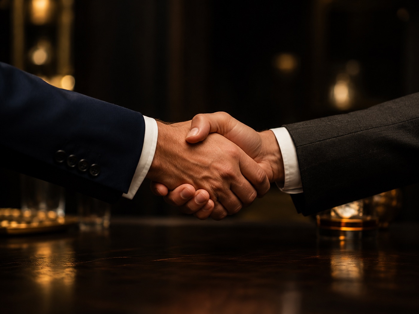 Two people in suits shaking hands across a table.