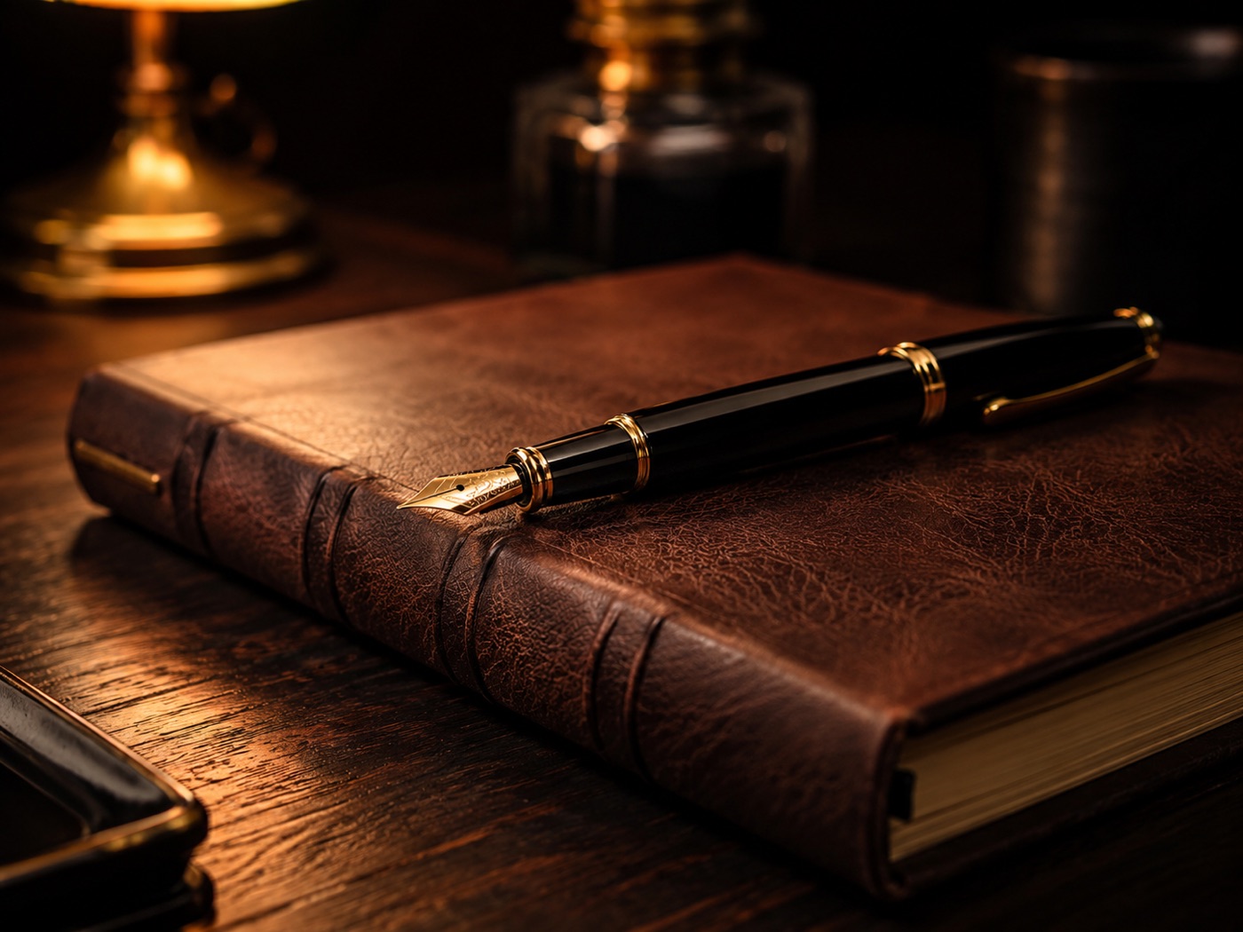 A fountain pen resting on a leather ledger.