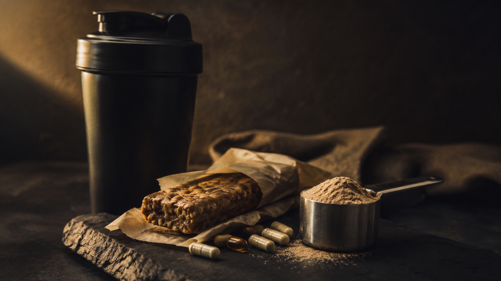 Premium sports nutrition still life on dark slate.