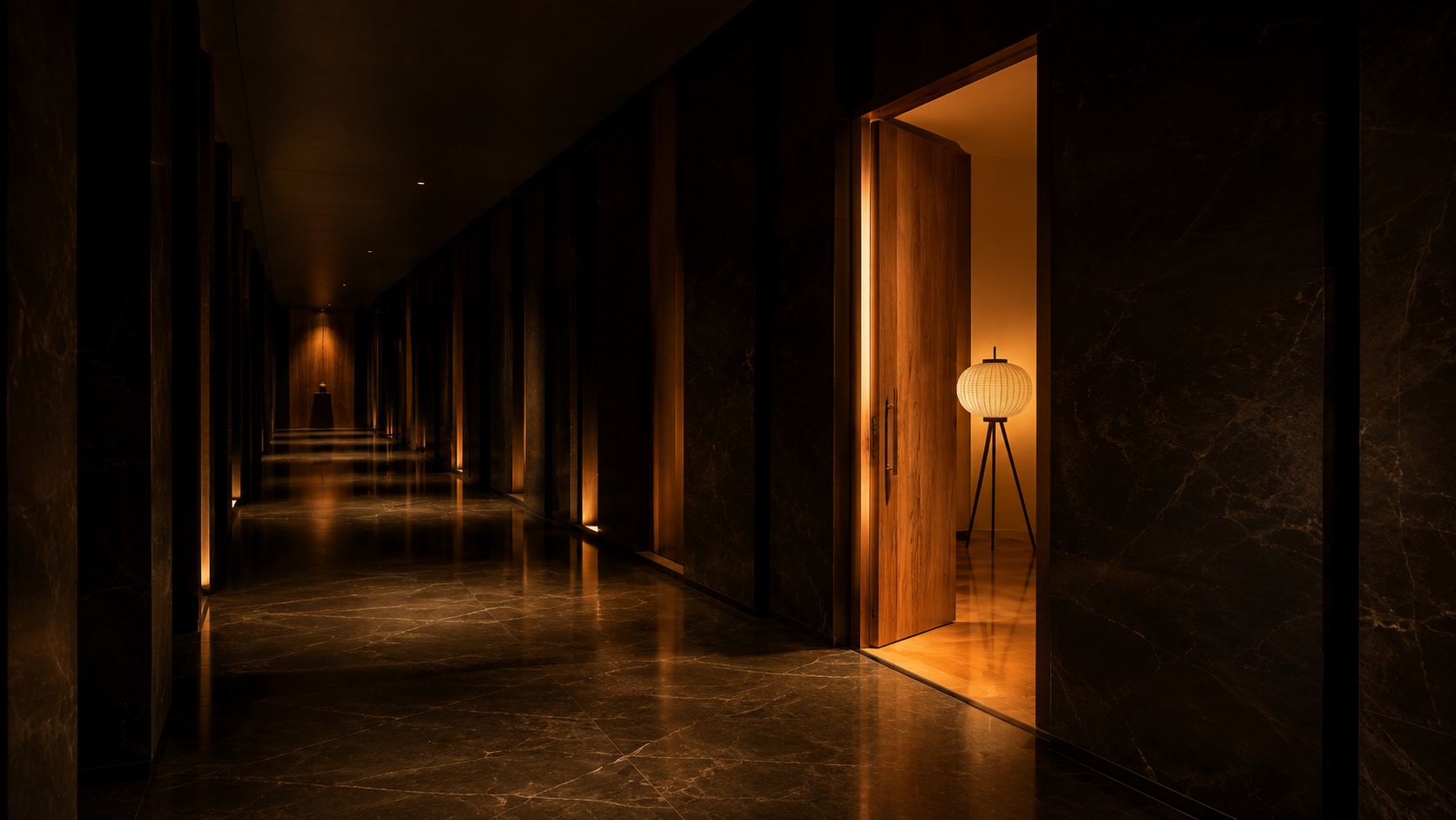 One illuminated doorway in a long dark corridor, one category, one door