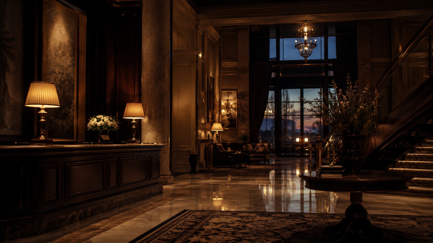A grand hotel lobby in warm low light.