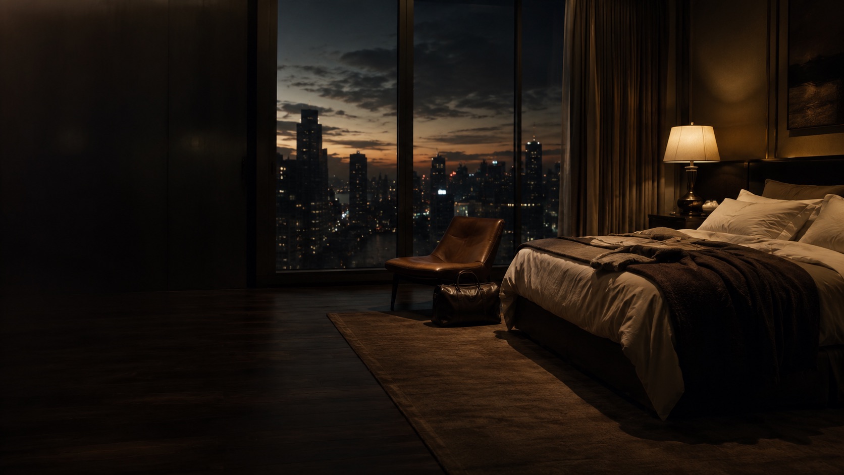 A luxury hotel suite at night with a city view.