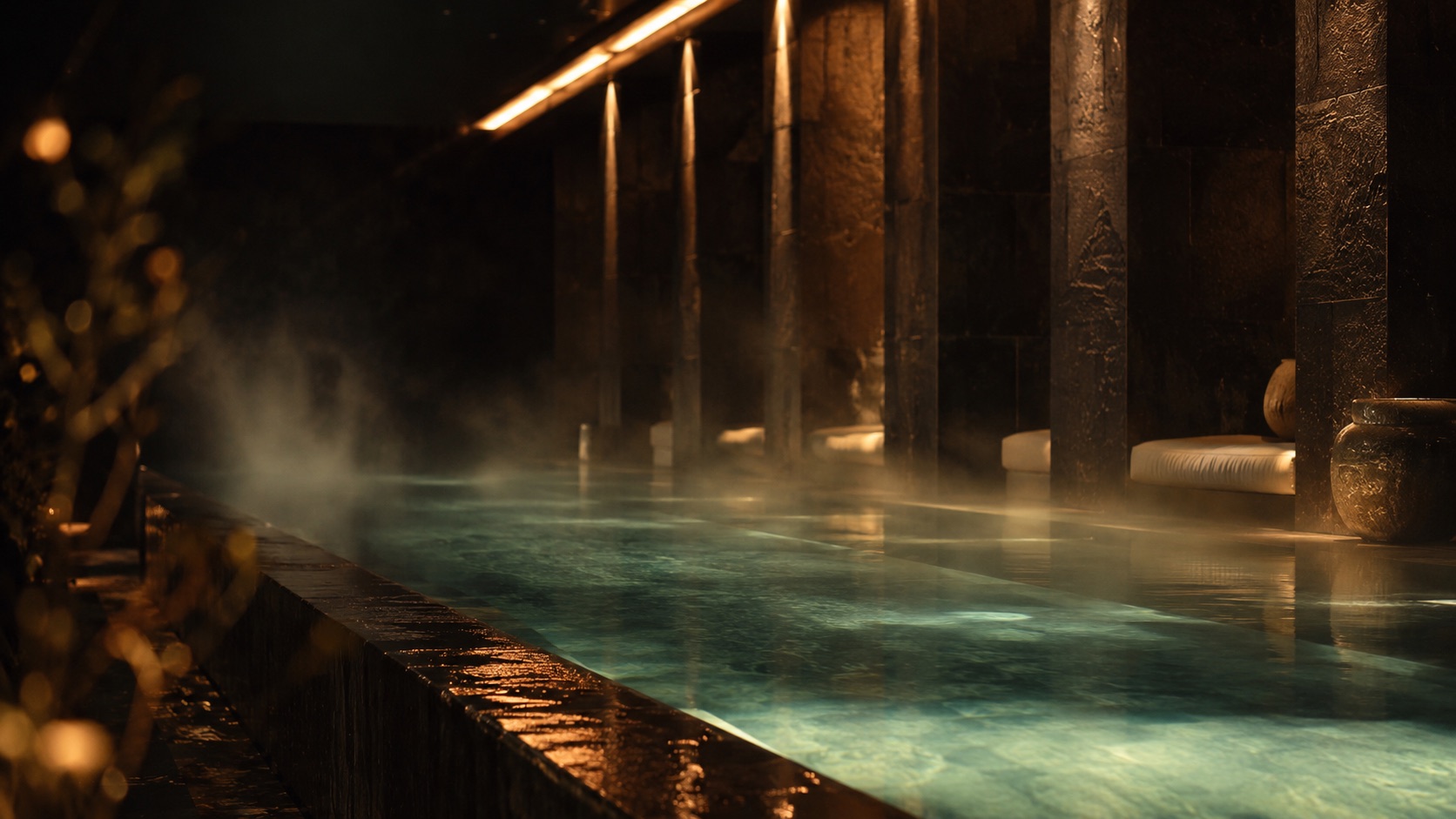 A quiet resort pool terrace at dusk.