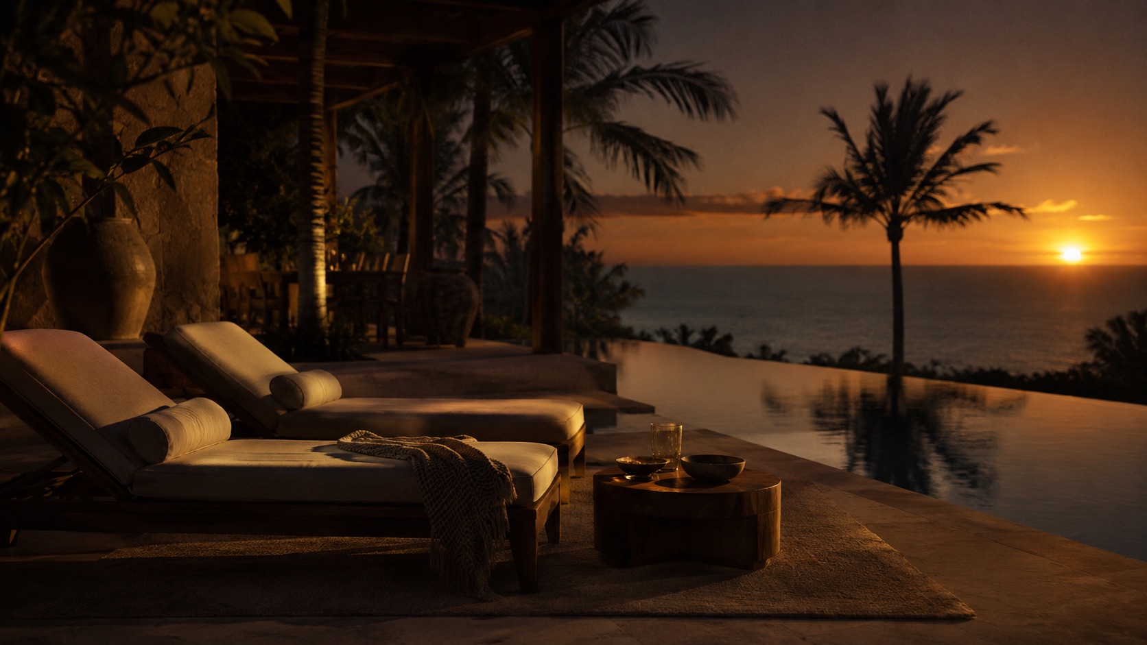 A luxury resort terrace at sunset overlooking the sea.