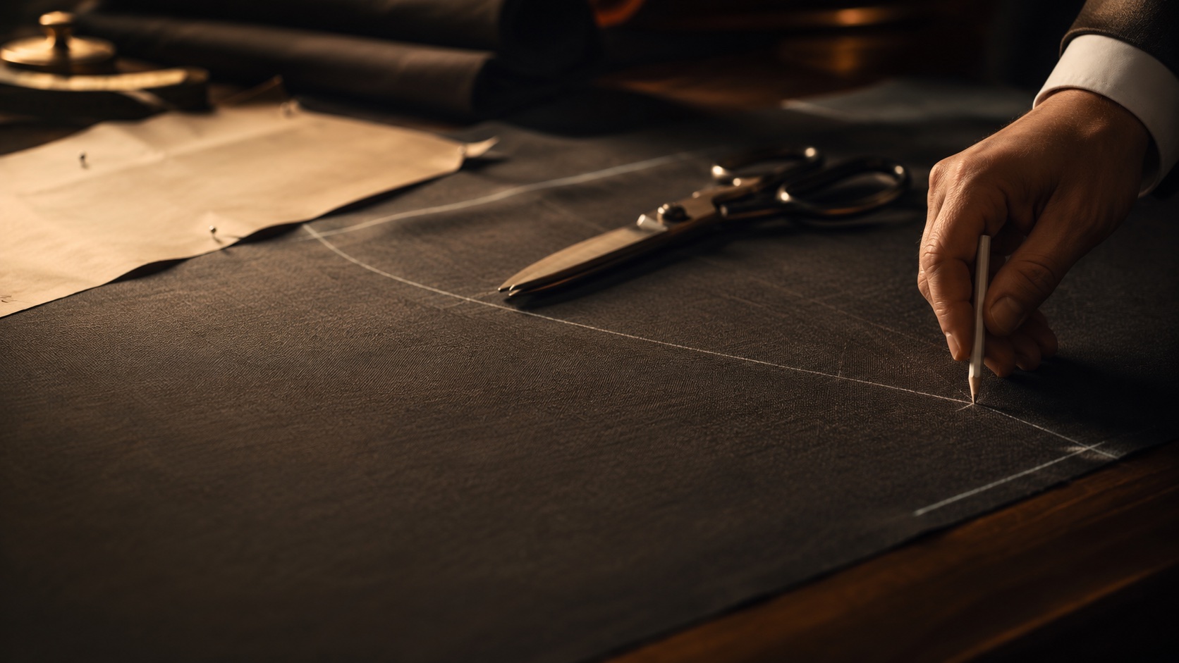 A tailor chalking a precise line on dark wool suiting, the diligence that precedes any partnership.