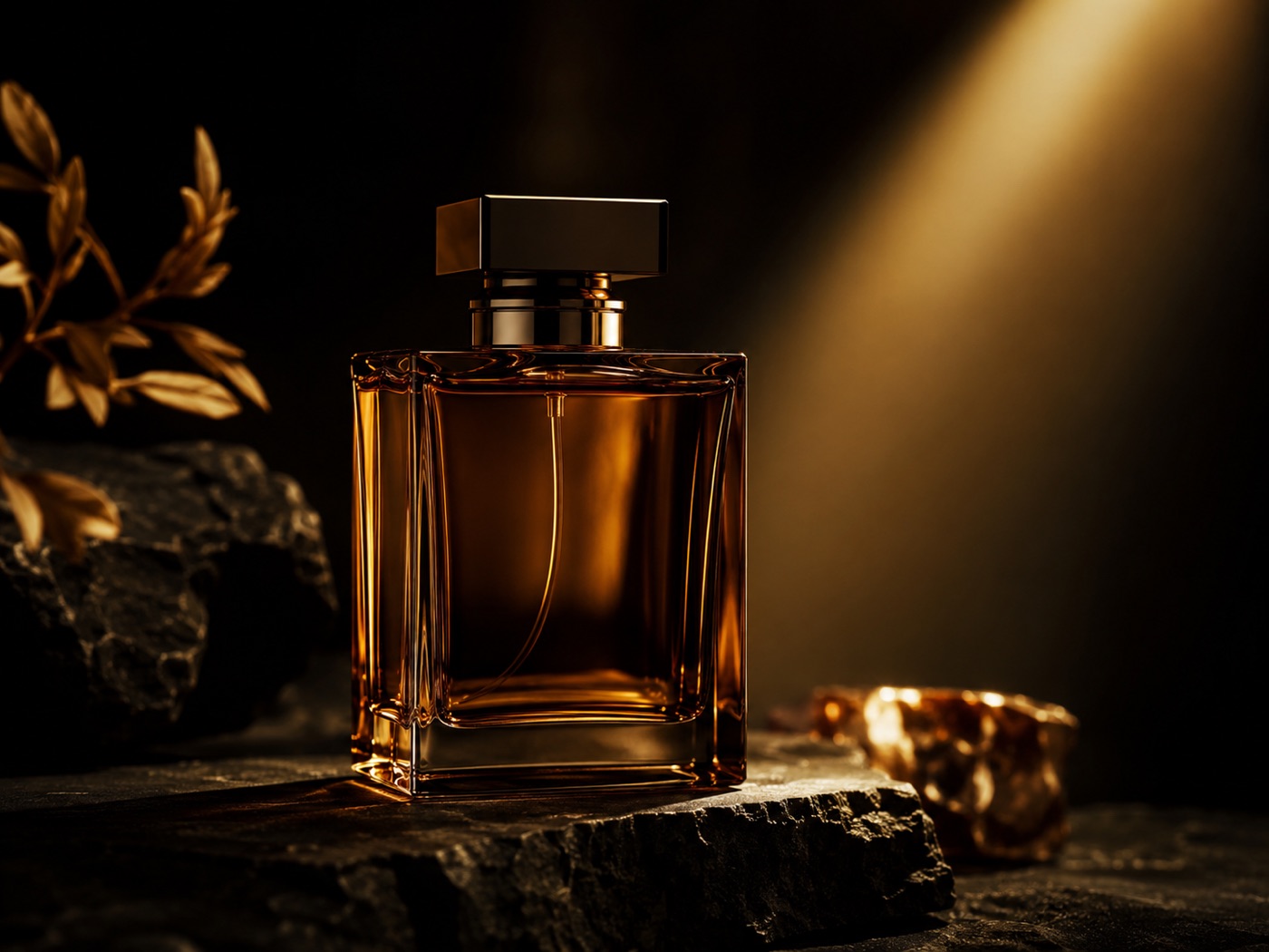 An amber fragrance bottle on stone.