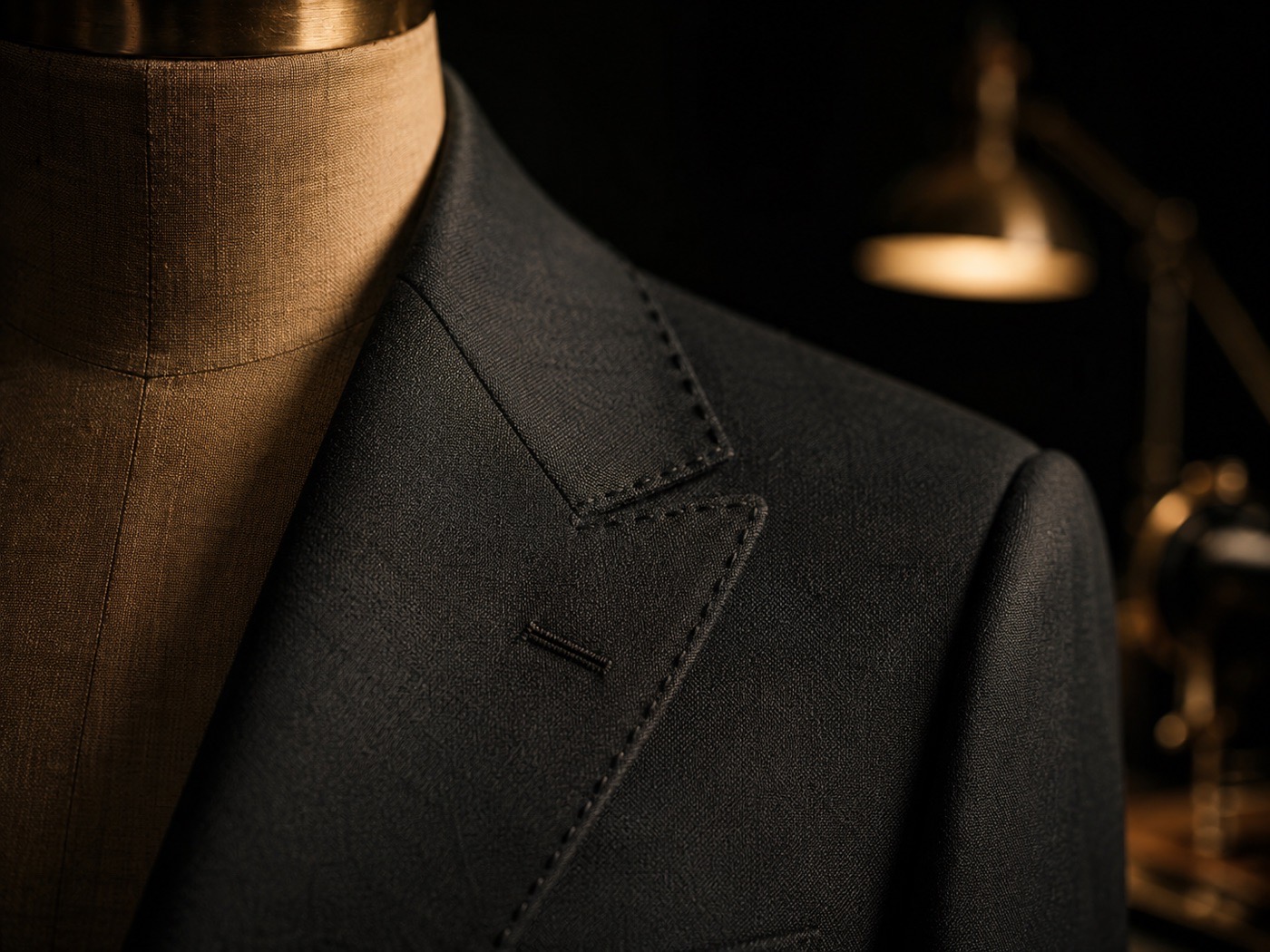 A tailored suit lapel in warm light.