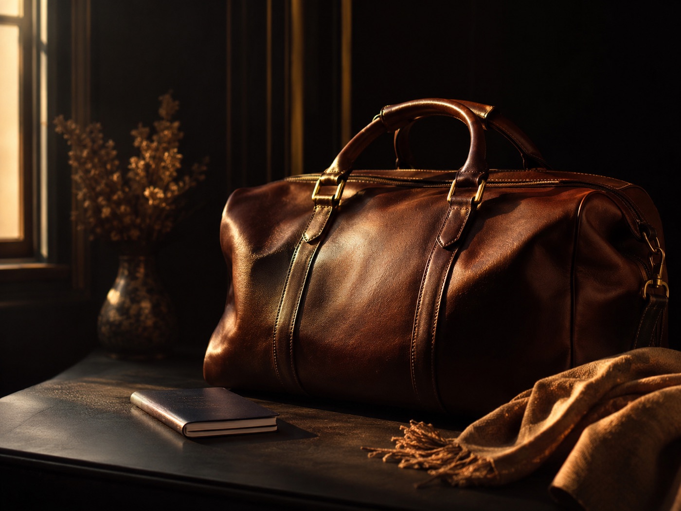 A brown leather weekender bag by a window.
