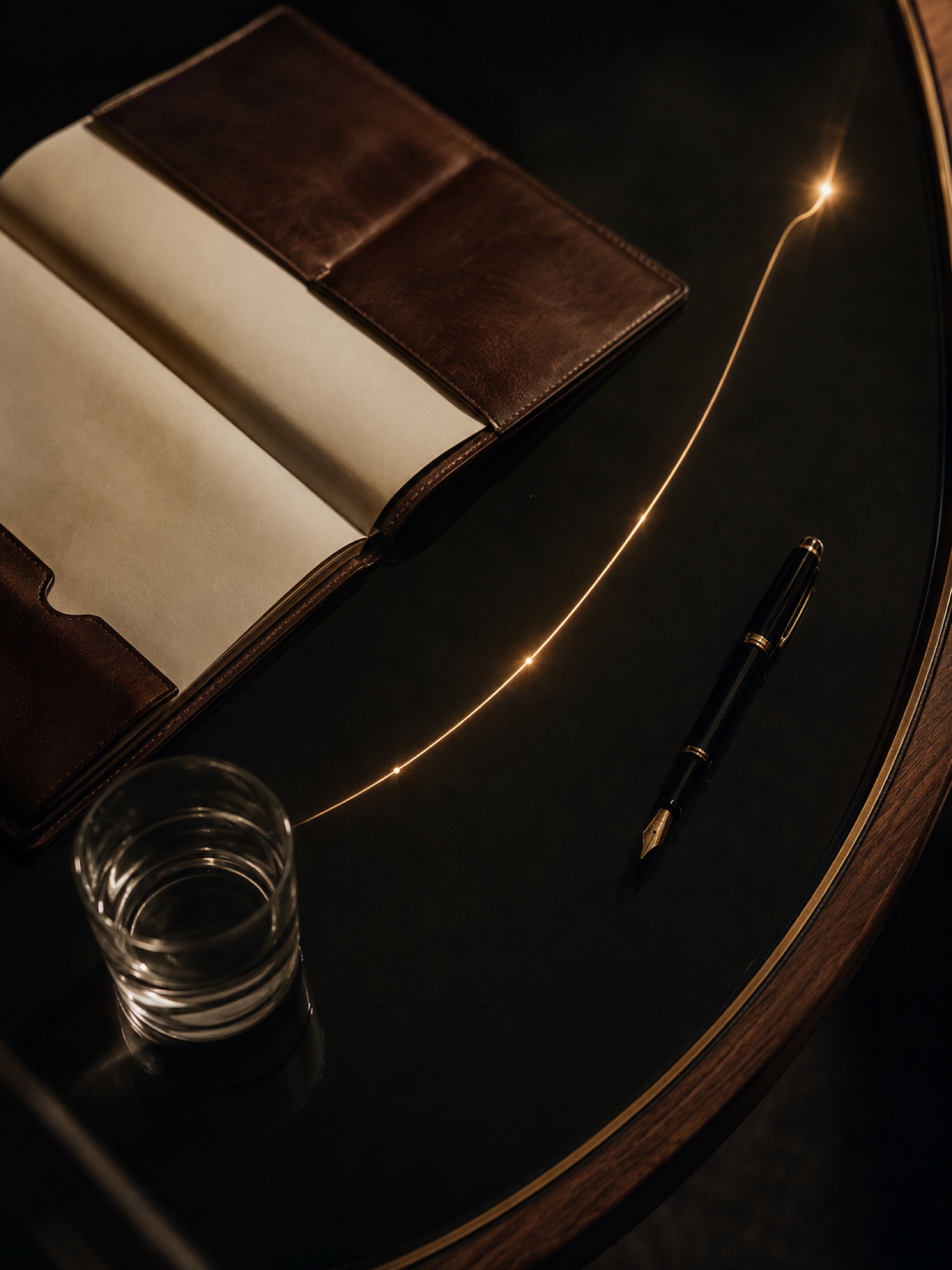 An open notebook and a fountain pen on a dark table