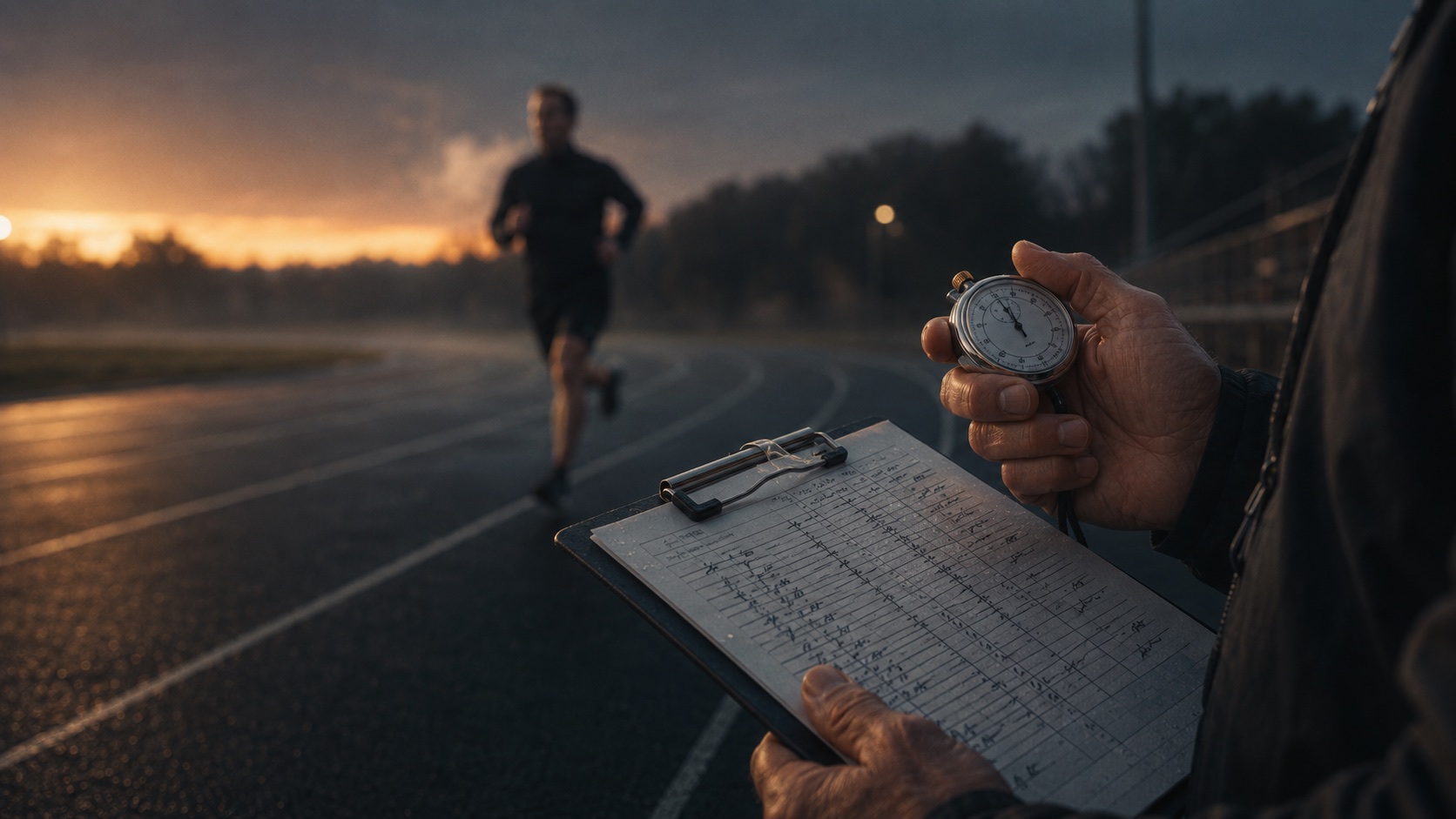 Een hardloopcoach klokt een atleet bij dageraad, met stopwatch en trainingsschema in de hand. De zorgvuldigheid die aan elk partnerschap voorafgaat.
