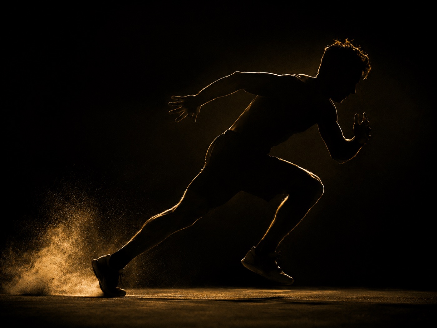 A sprinter silhouetted mid-stride in low light.